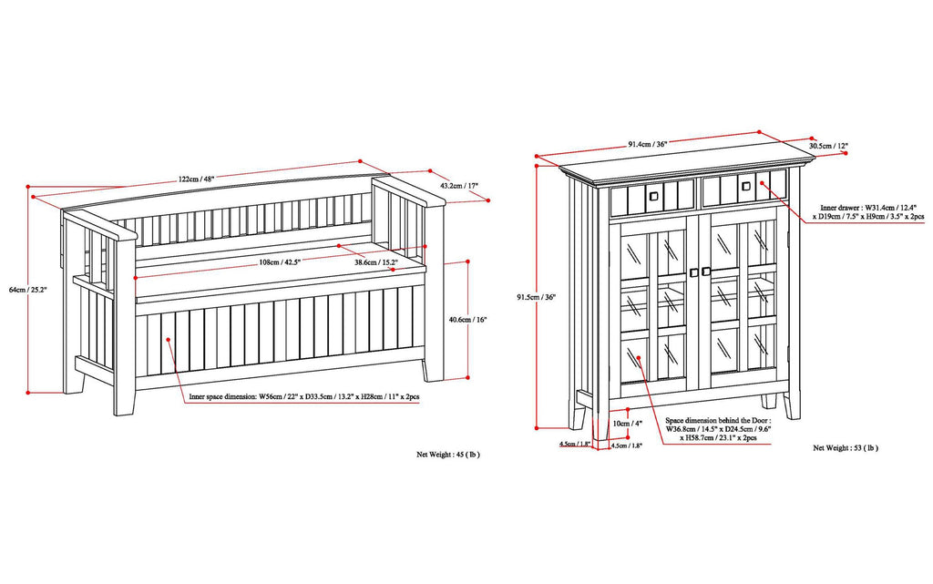 Acadian 48-inch Storage Bench and 36-inch Cabinet