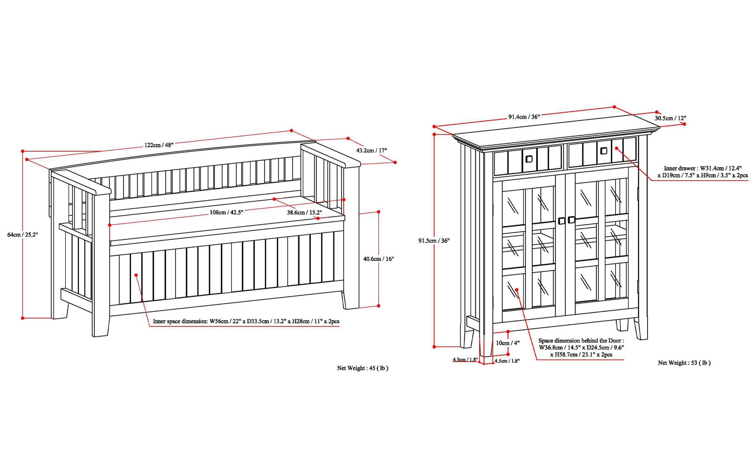 Acadian 48-inch Storage Bench and 36-inch Cabinet