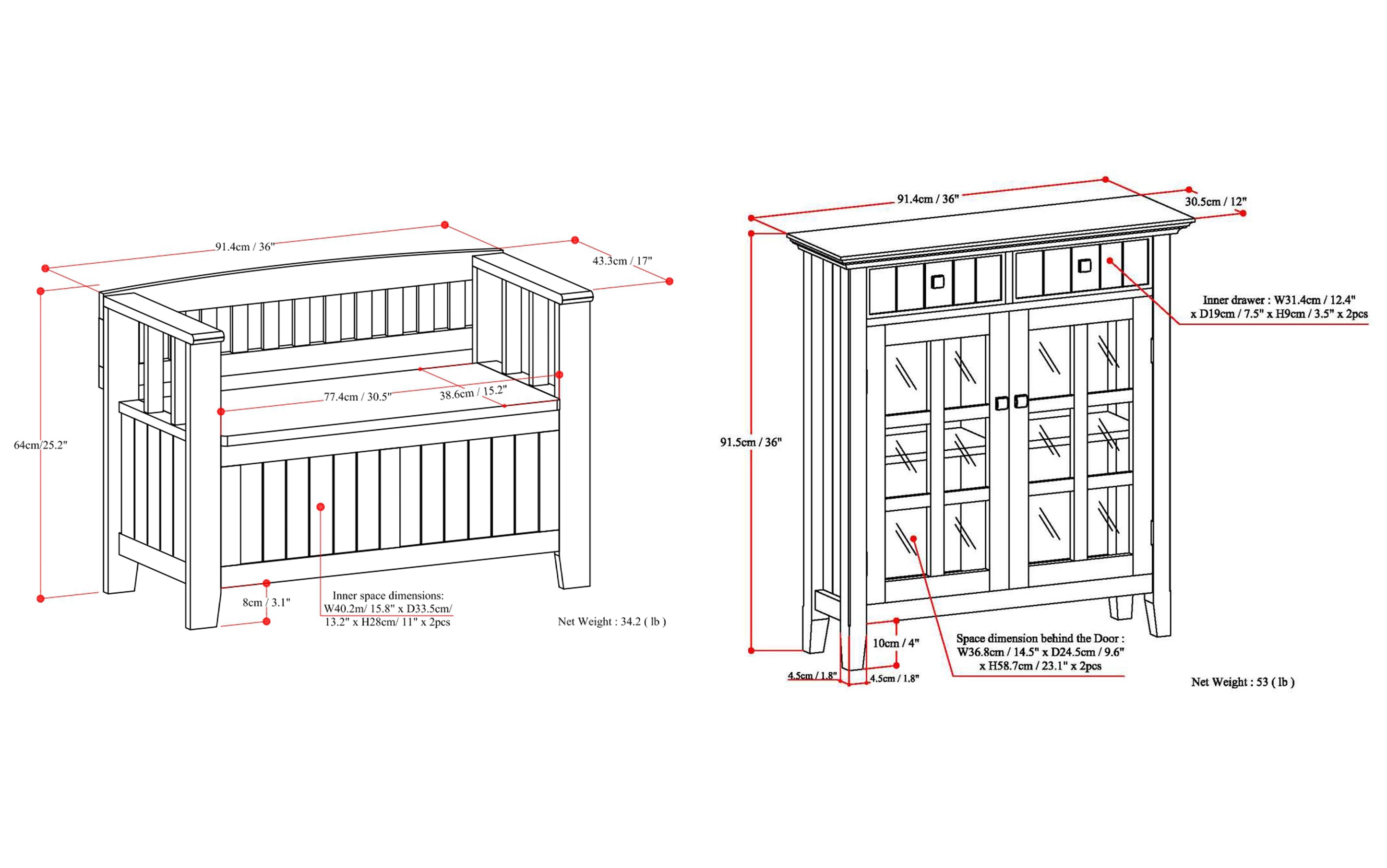 Acadian 36-inch Storage Bench and 36-inch Cabinet