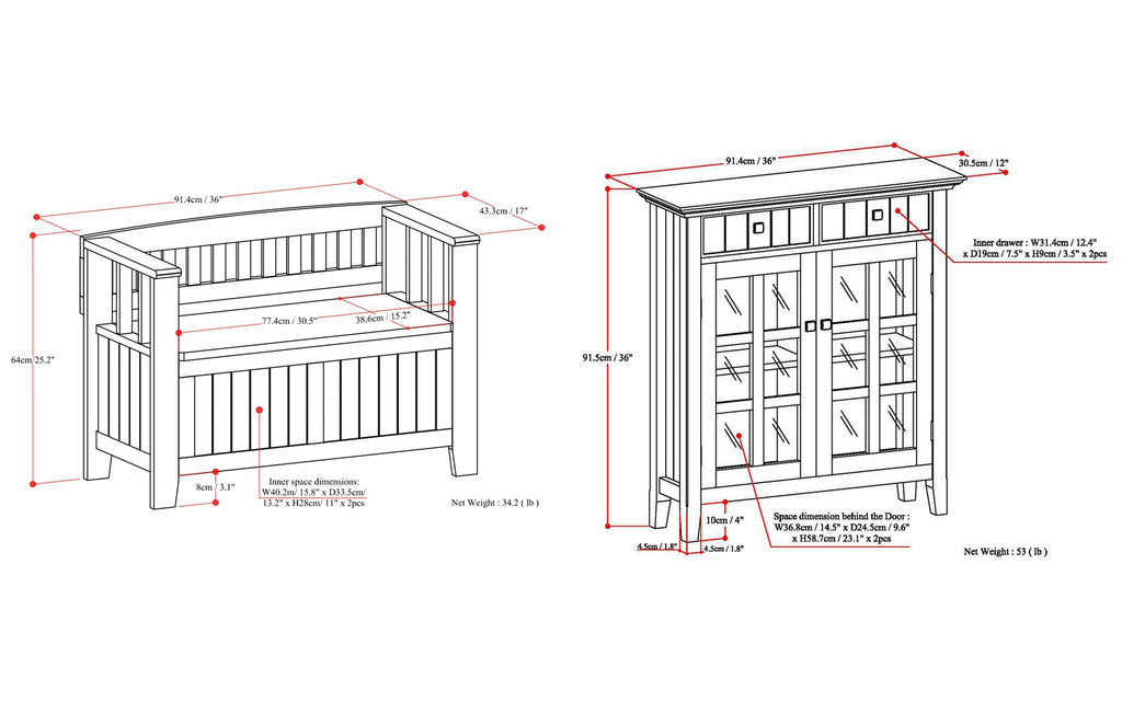 Acadian 36-inch Storage Bench and 36-inch Cabinet