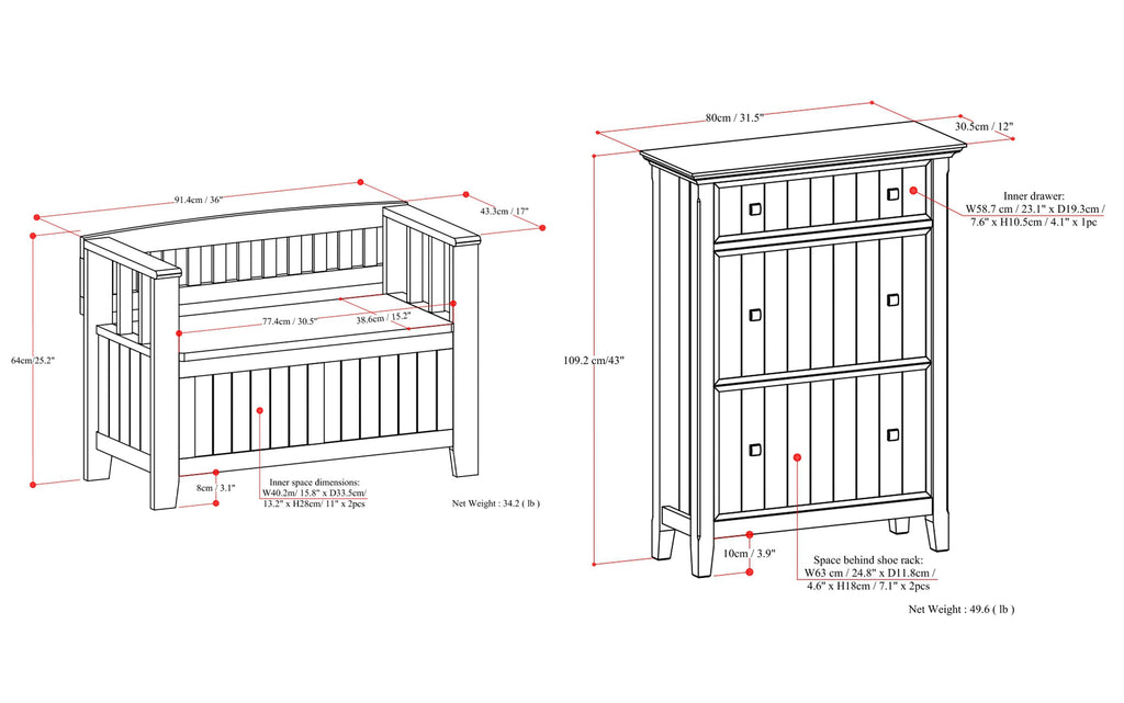 Acadian 36-inch Storage Bench and 32-inch Shoe Cabinet