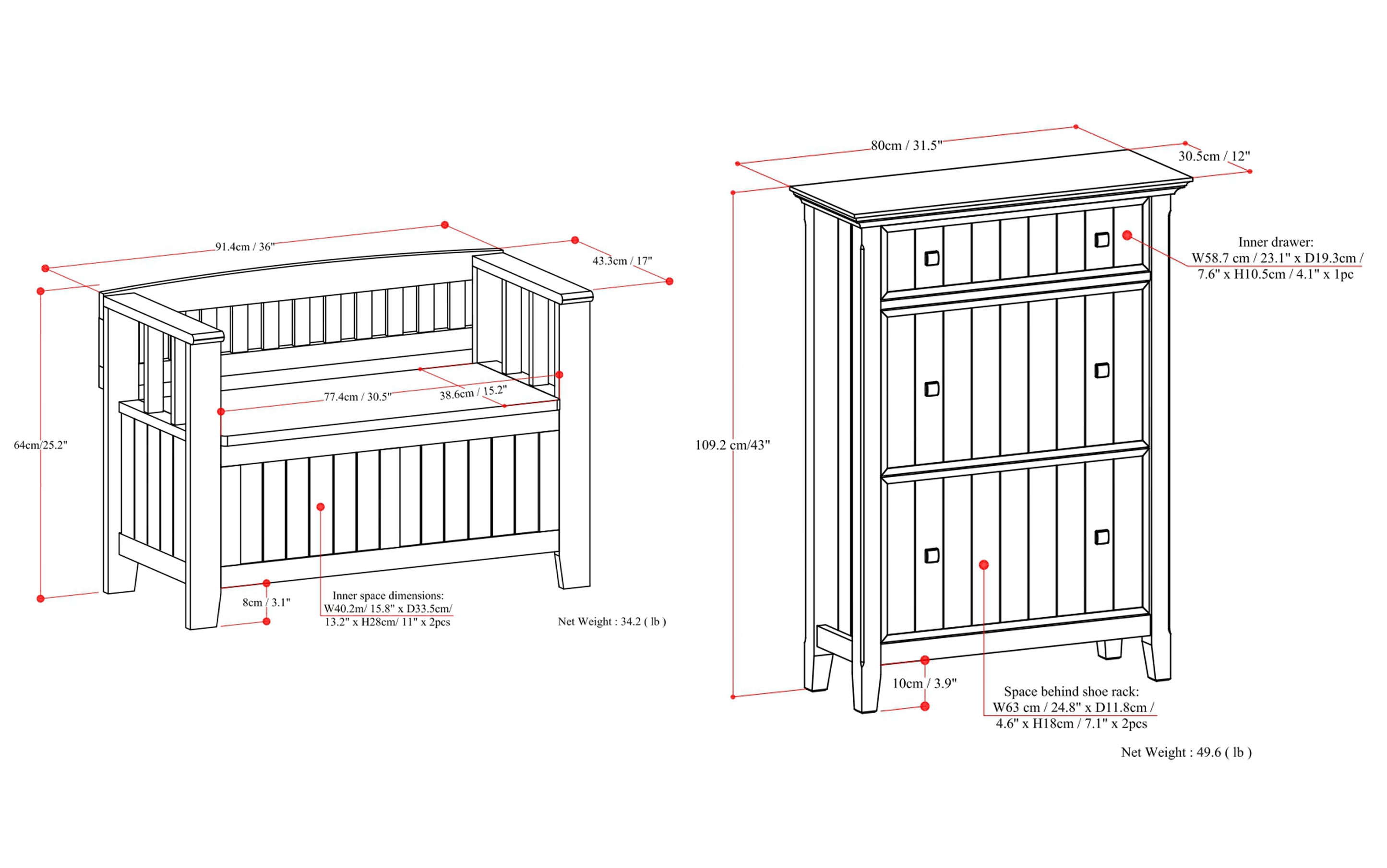 Acadian 36-inch Storage Bench and 32-inch Shoe Cabinet