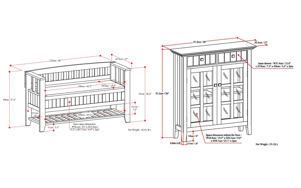 Acadian 48-inch Storage Bench with Shelf and 36-inch Cabinet