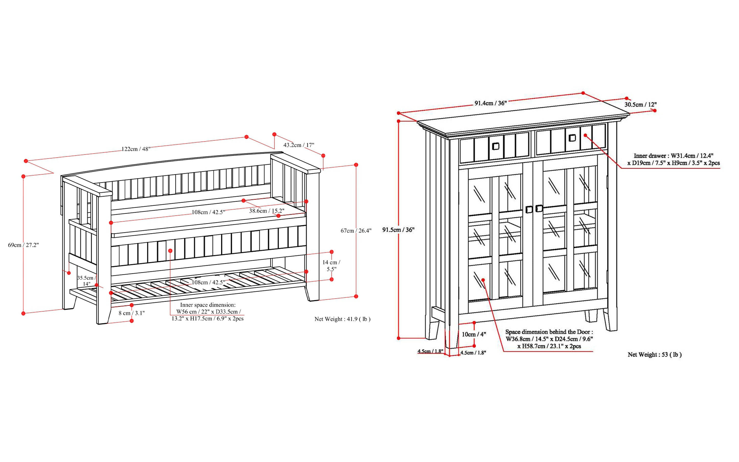 Acadian 48-inch Storage Bench with Shelf and 36-inch Cabinet