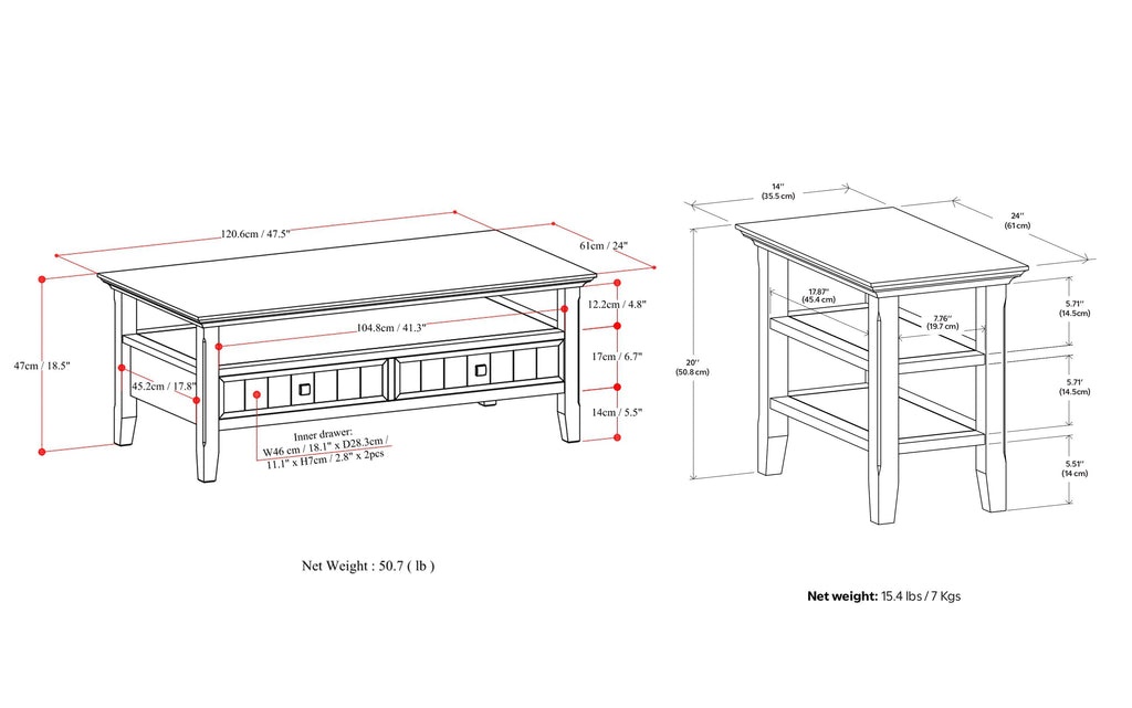 Acadian 48 inch Coffee Table with 14 inch End Tables (Set of 3)