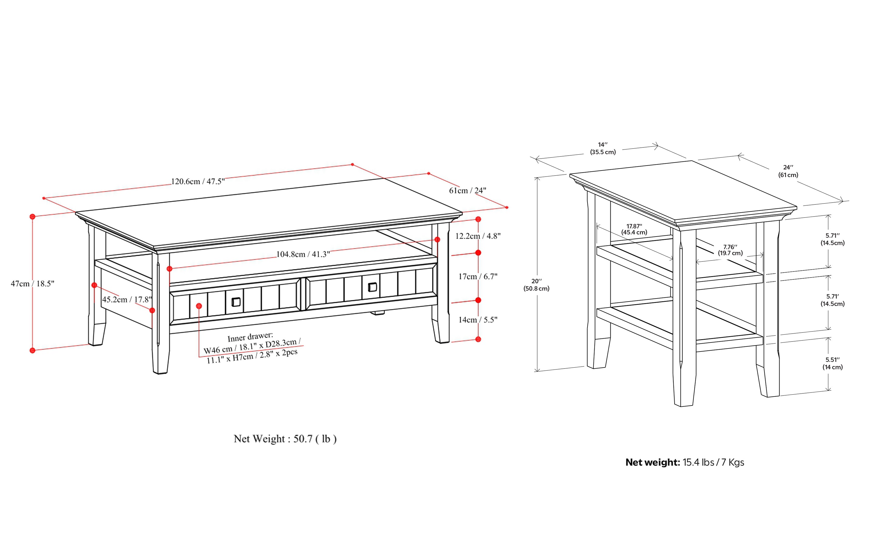 Acadian 48 inch Coffee Table with 14 inch End Tables (Set of 3)
