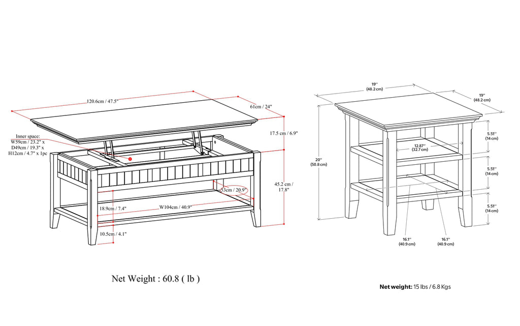 Acadian 48 inch Coffee Table with 19 inch End Tables (Set of 3)