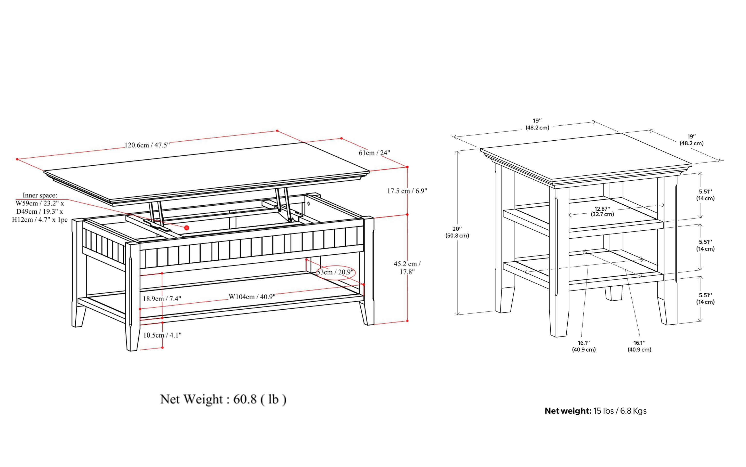 Acadian 48 inch Coffee Table with 19 inch End Tables (Set of 3)