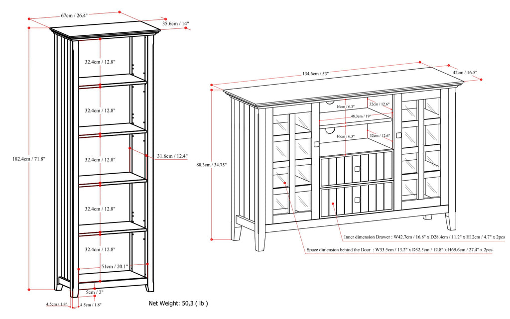 Acadian 53 inch Tall TV Stand with 26 inch 5 Shelf Bookcases (Set of 3)