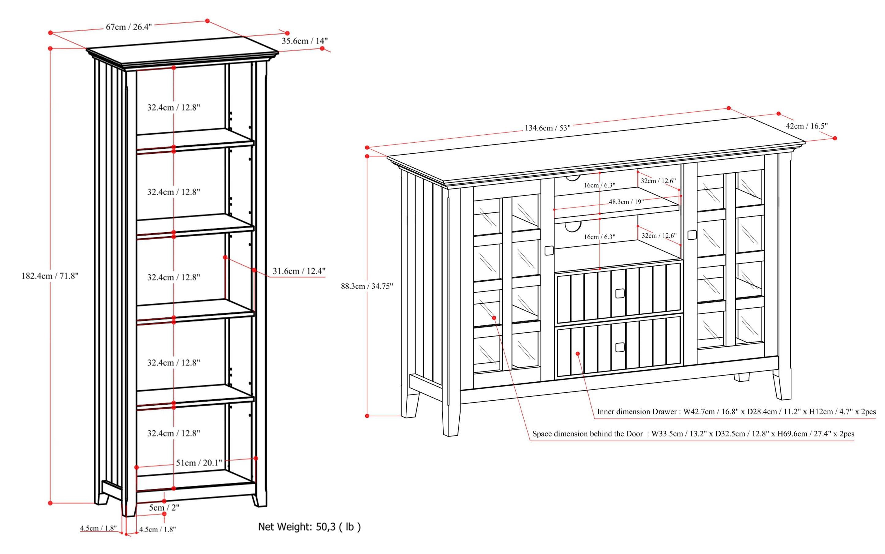 Acadian 53 inch Tall TV Stand with 26 inch 5 Shelf Bookcases (Set of 3)