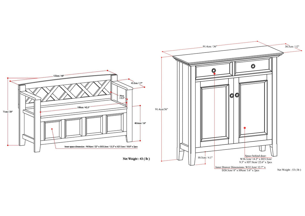 Amherst 48-inch Storage Bench and 36-inch Cabinet