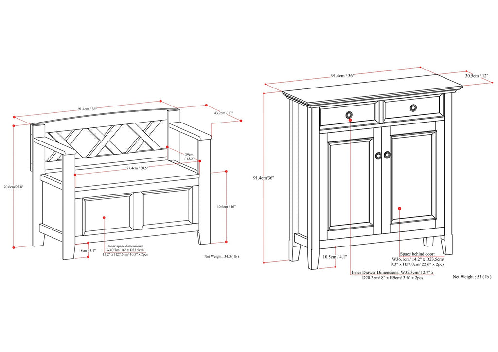 Amherst 36-inch Storage Bench and 36-inch Cabinet
