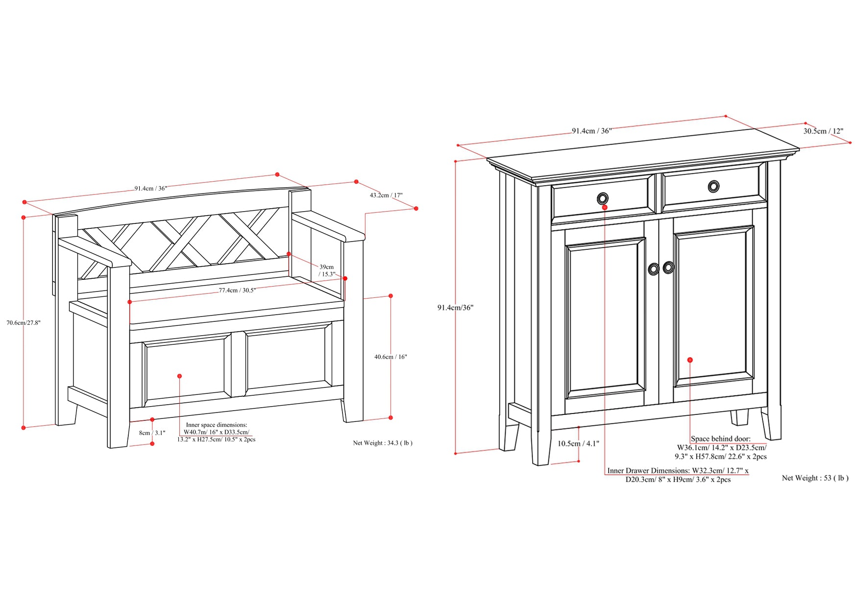 Amherst 36-inch Storage Bench and 36-inch Cabinet