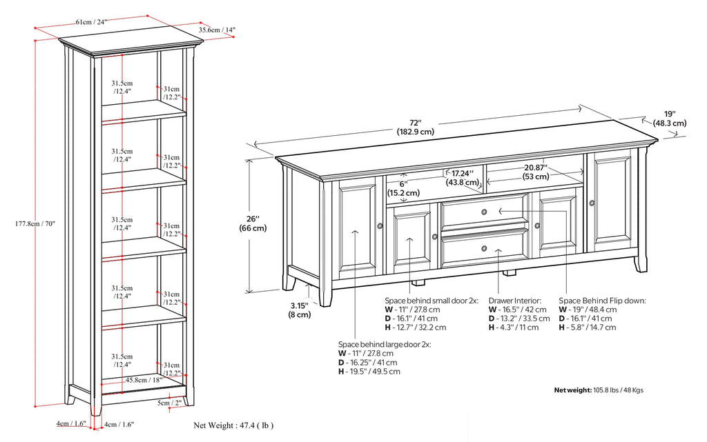 Amherst 72 inch TV Stand with 24 inch 5 Shelf Bookcases (Set of 3)