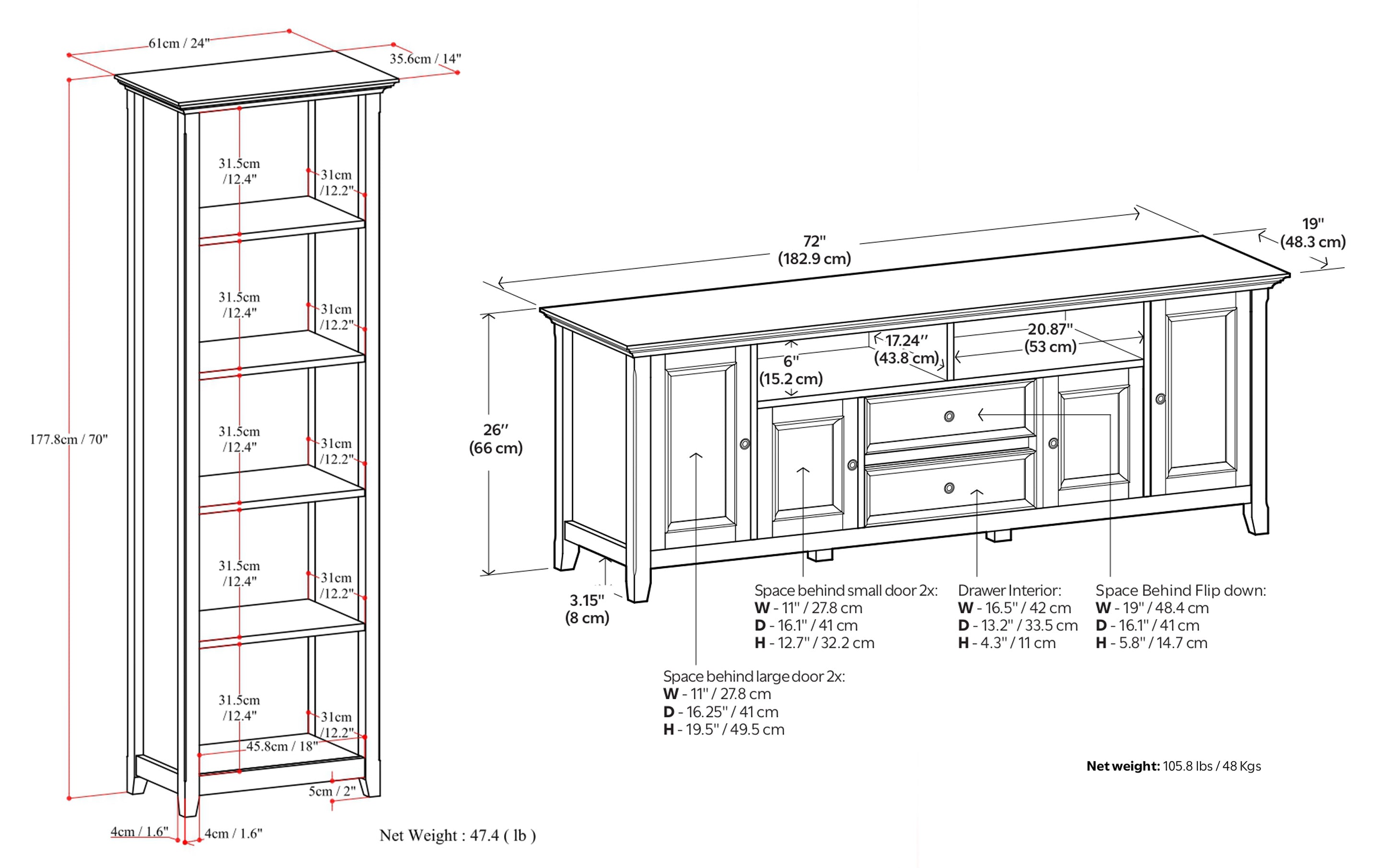 Amherst 72 inch TV Stand with 24 inch 5 Shelf Bookcases (Set of 3)