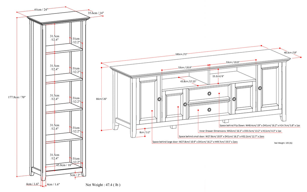 Amherst 72 inch TV Stand with 24 inch 5 Shelf Bookcases (Set of 3)