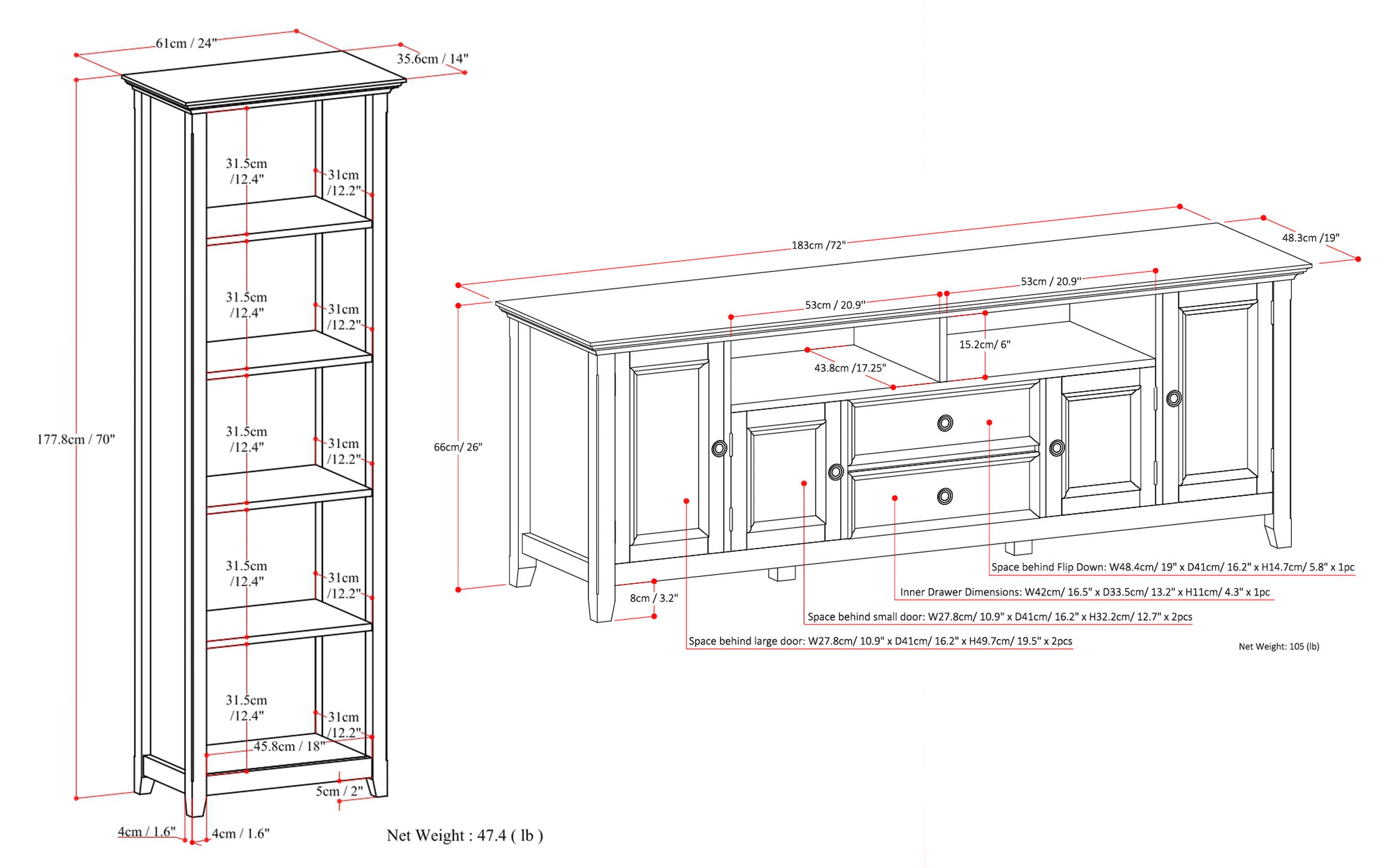 Amherst 72 inch TV Stand with 24 inch 5 Shelf Bookcases (Set of 3)