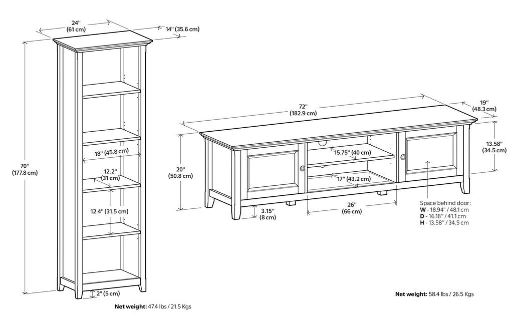 Amherst 72 inch Low TV Stand with 24 inch 5 Shelf Bookcases (Set of 3)