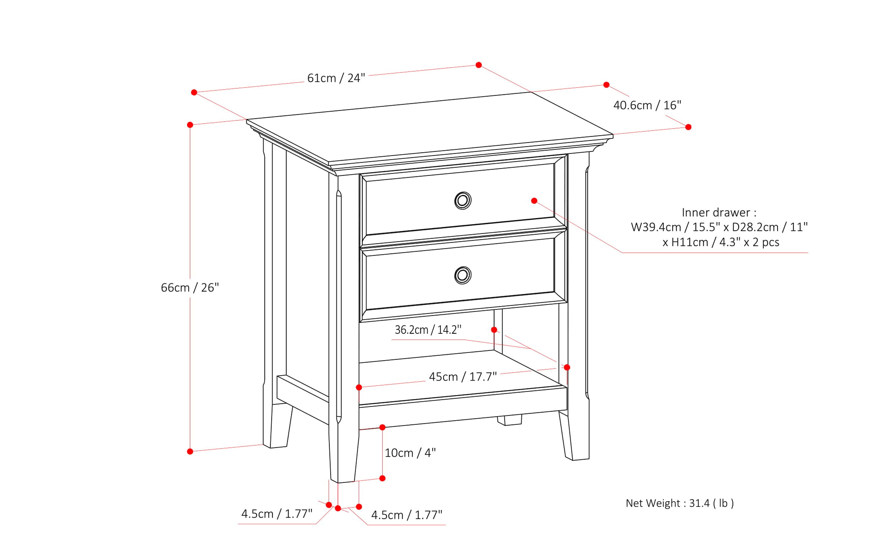 Amherst 24 inch Bedside Table (Set of 2)
