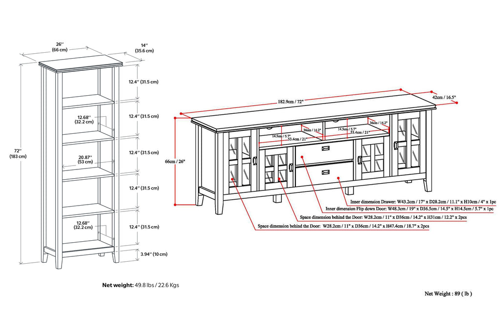 Artisan 72 inch TV Stand with 26 inch 5 Shelf Bookcases (Set of 3)