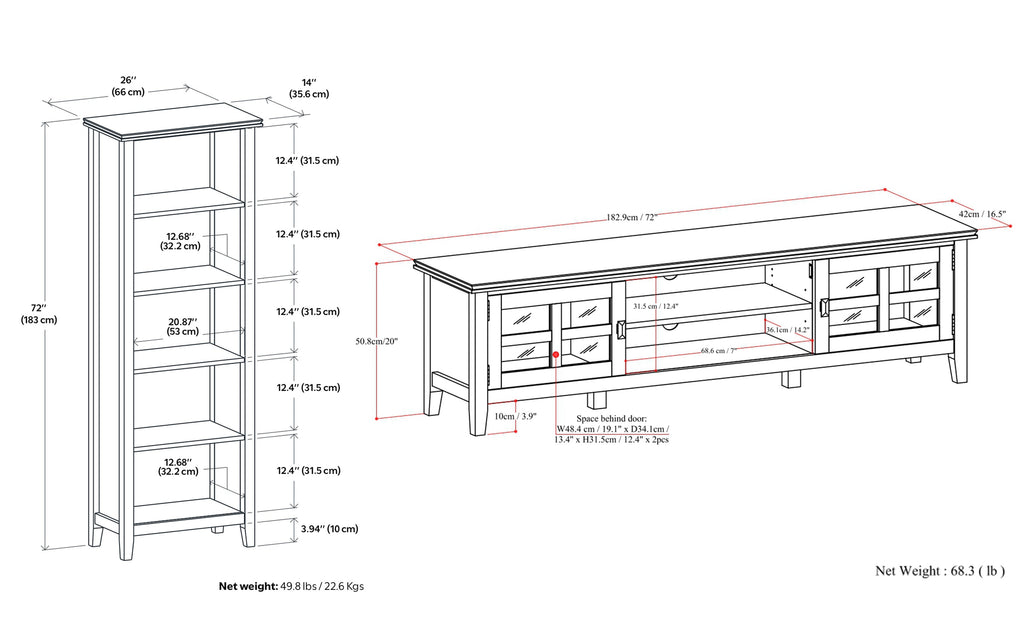 Artisan 72 inch Low TV Stand with 26 inch 5 Shelf Bookcases (Set of 3)