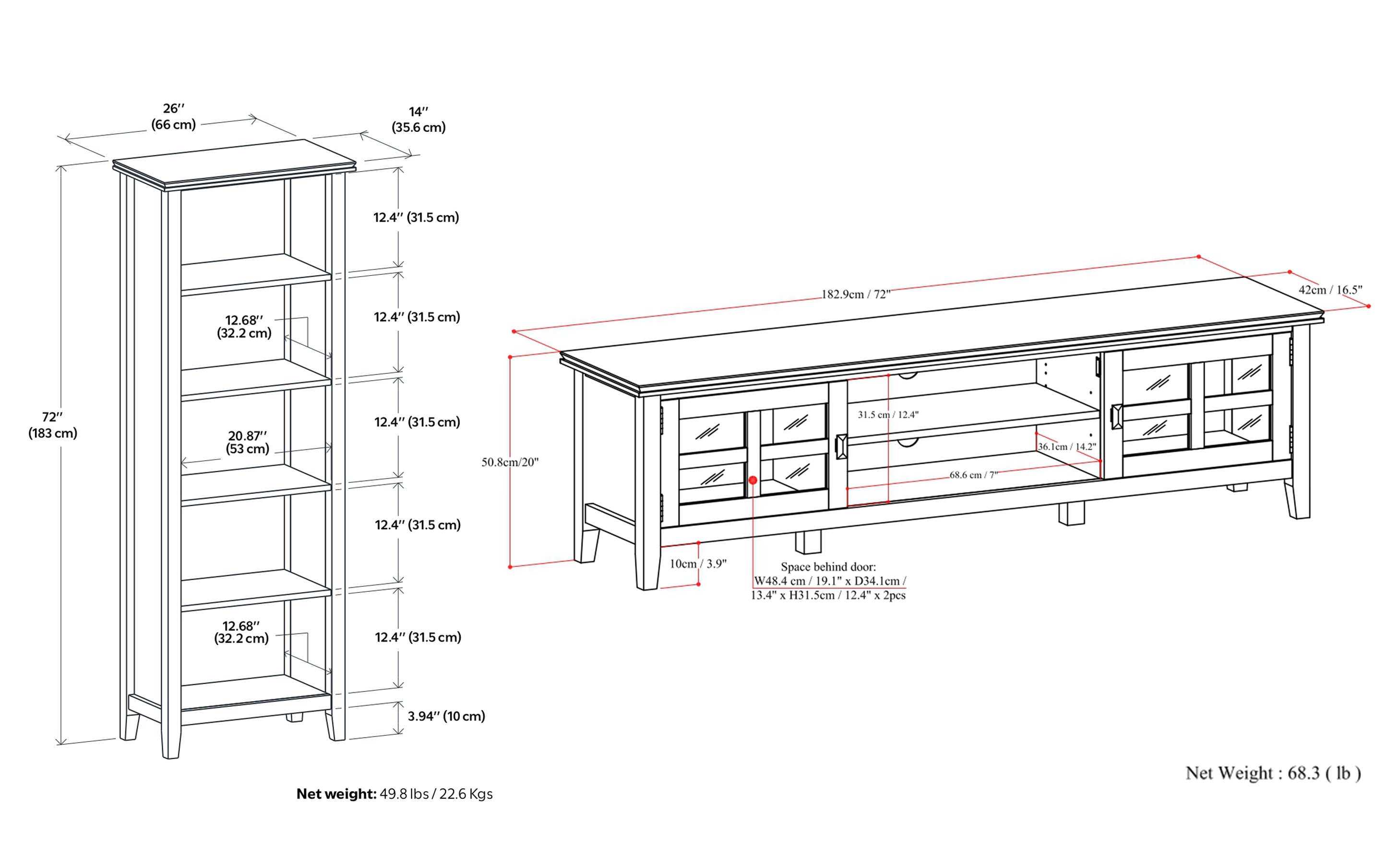 Artisan 72 inch Low TV Stand with 26 inch 5 Shelf Bookcases (Set of 3)
