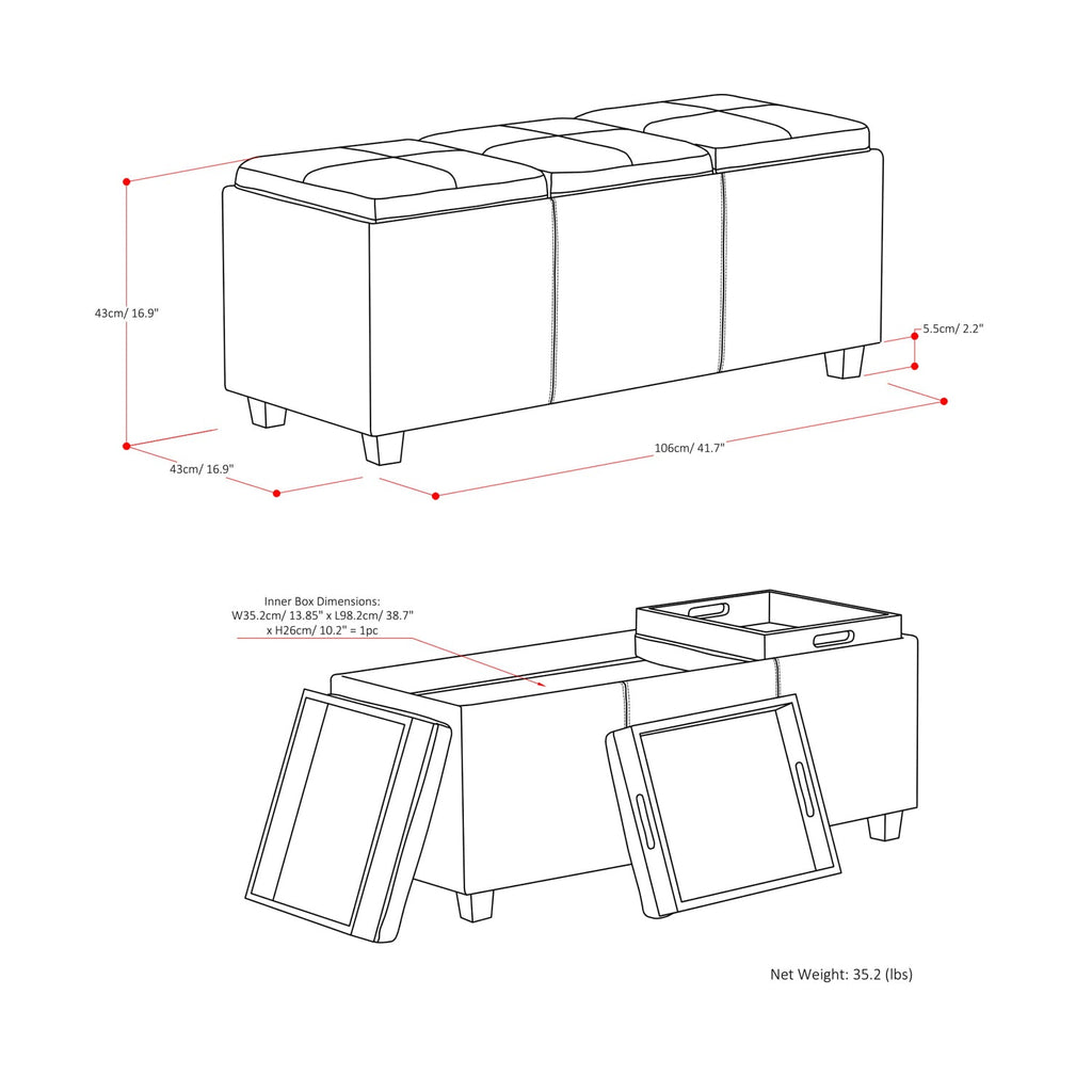 Avalon 3 Trays Ottoman in Velvet Fabric