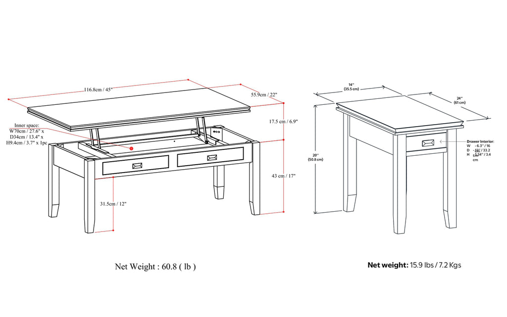 Artisan 46 inch Coffee Table with 14 inch End Tables (Set of 3)