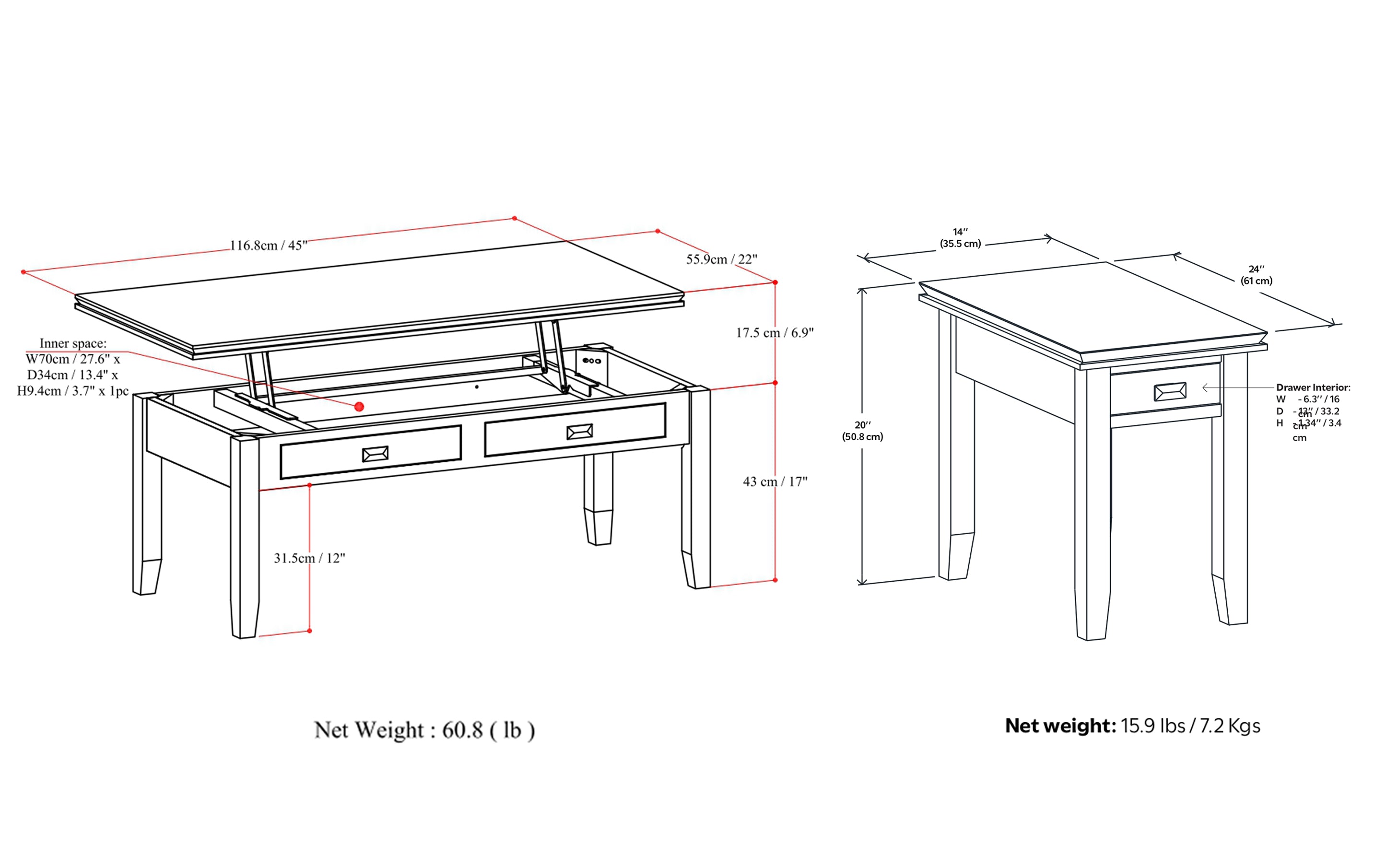 Artisan 46 inch Coffee Table with 14 inch End Tables (Set of 3)