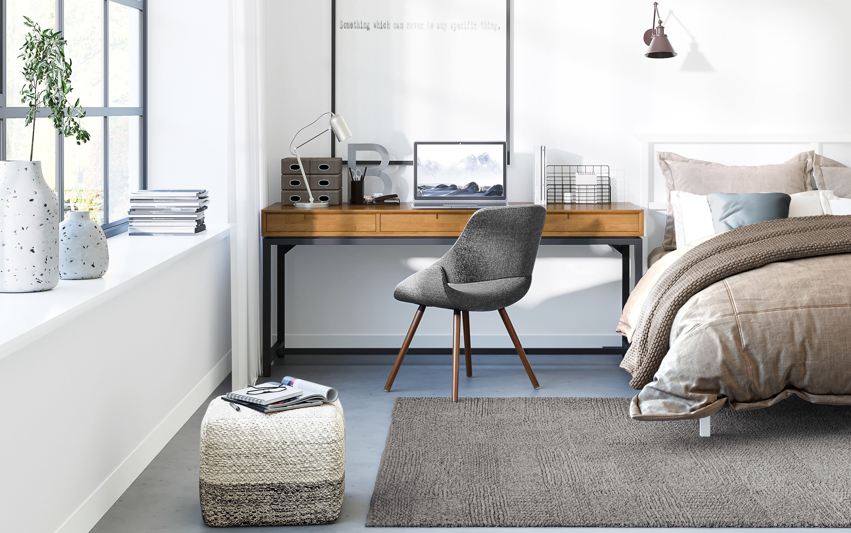 Banting Mid Century Wide Desk in Rubberwood