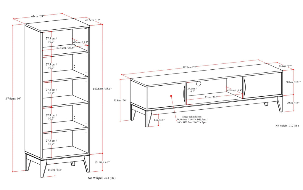 Harper 72 inch TV Stand with 24 inch Bookcases (Set of 3)