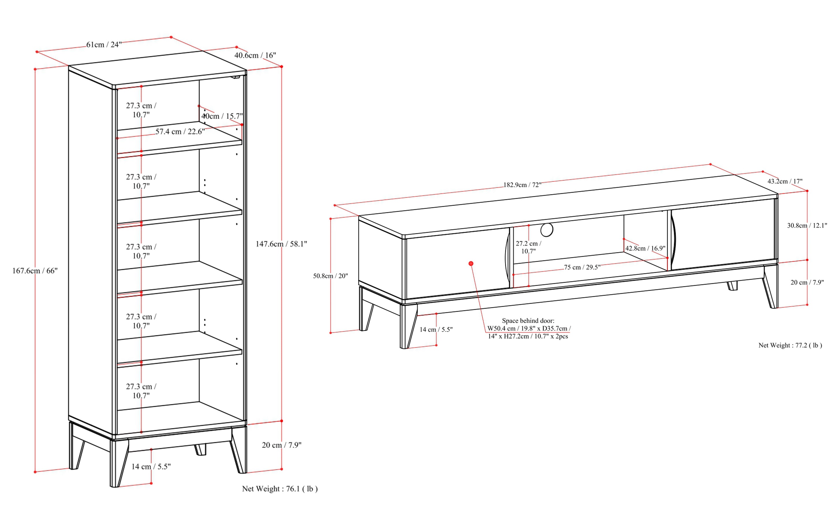 Harper 72 inch TV Stand with 24 inch Bookcases (Set of 3)