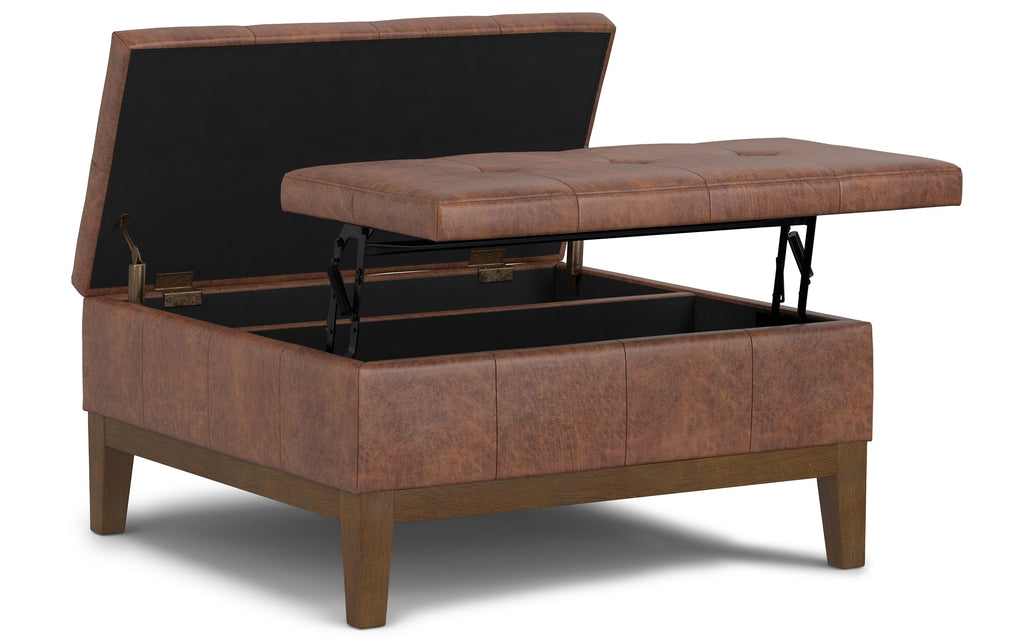 Dover Lift Top Coffee Table Storage Ottoman in Distressed Vegan Leather