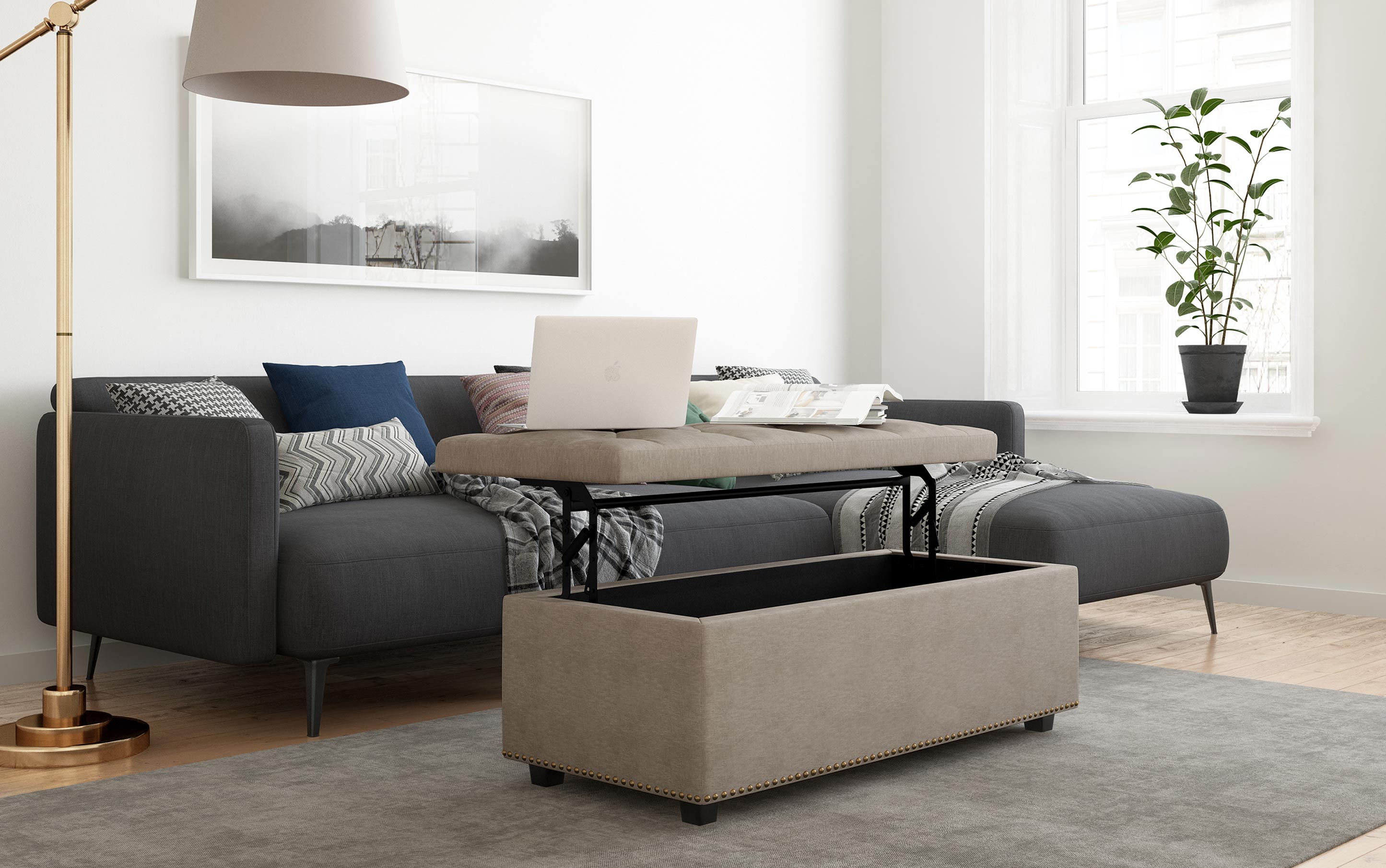 Hamilton Lift Top Storage Ottoman in Linen Style Fabric