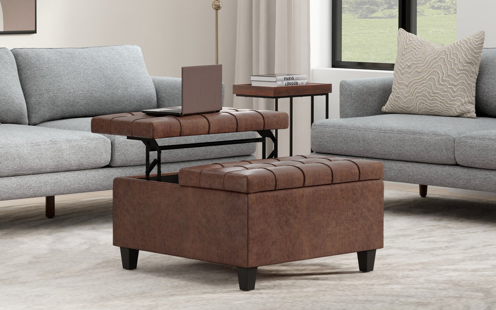 Harrison Small Square Coffee Table Storage Ottoman in Distressed Vegan Leather