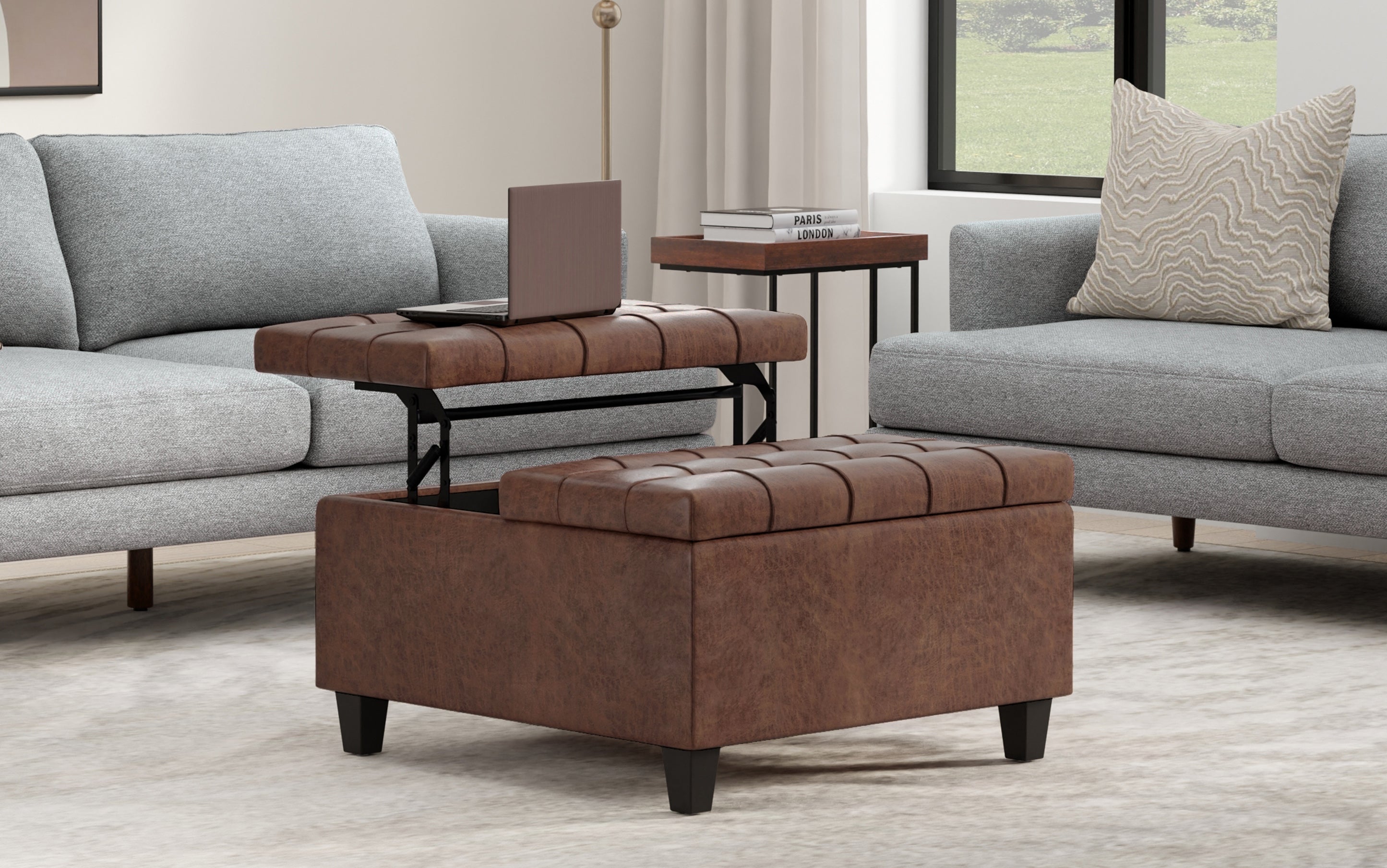 Harrison Small Square Coffee Table Storage Ottoman in Distressed Vegan Leather