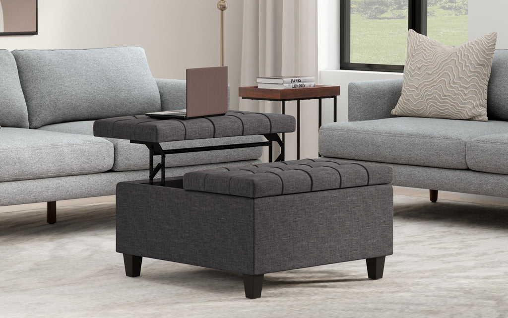 Harrison Small Square Coffee Table Storage Ottoman in Linen