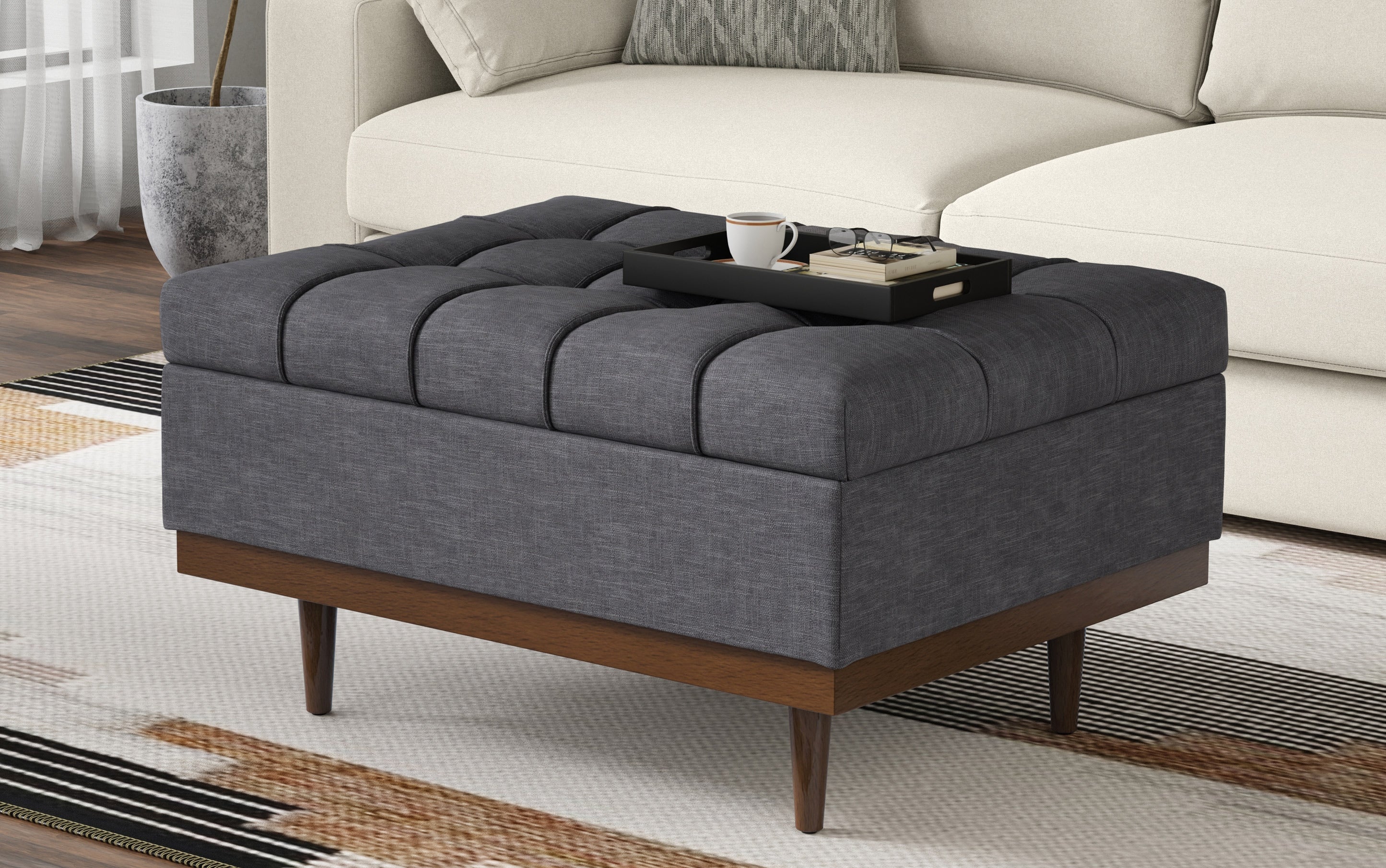 Mariah Coffee Table Storage Ottoman in Linen