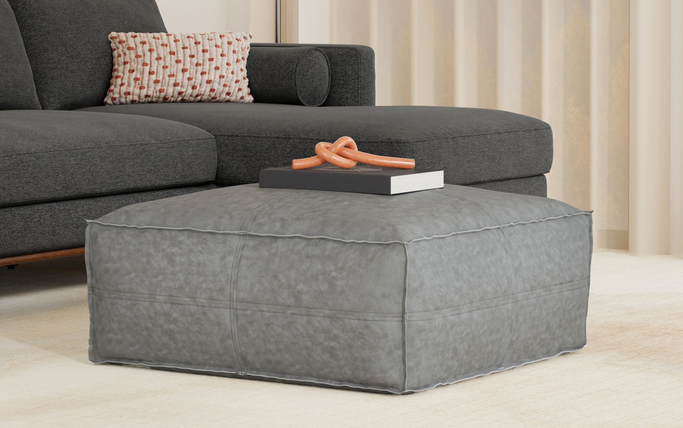 Brody Large Square Coffee Table Pouf in Distressed Vegan Leather