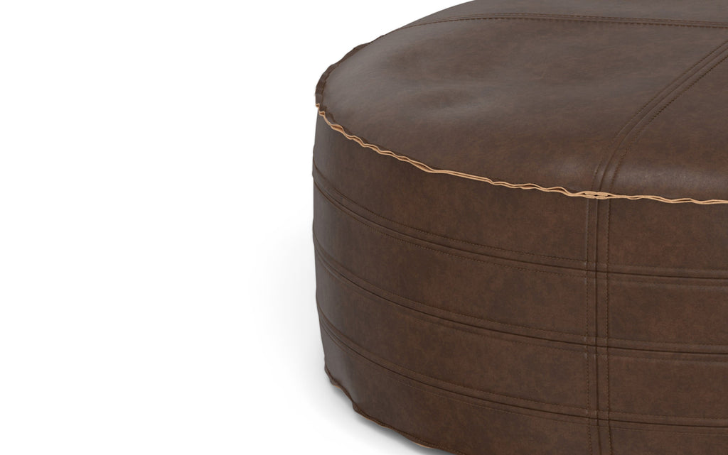 Brody 32 inch Round Coffee Table Pouf in Distressed Dark Brown