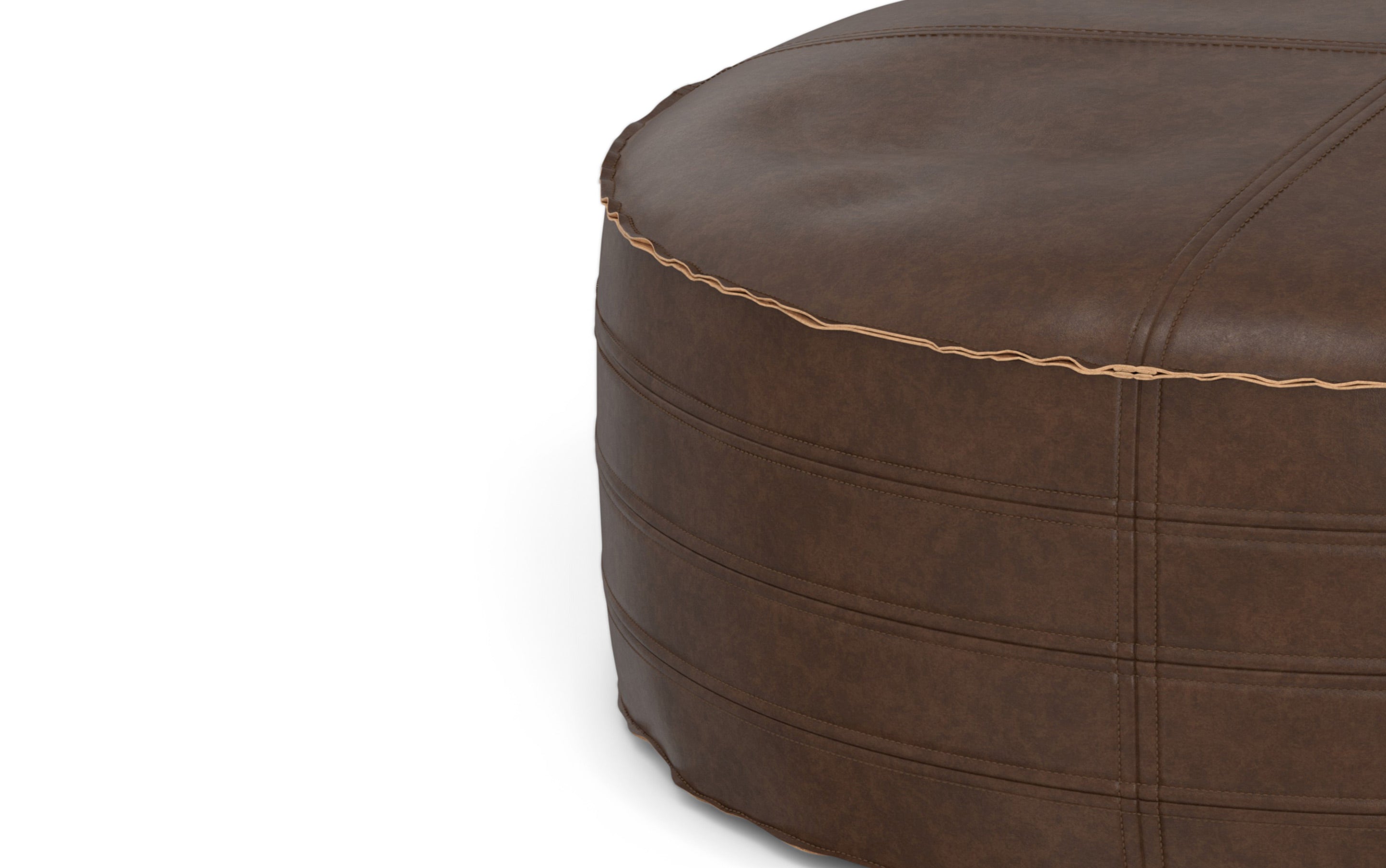 Brody 32 inch Round Coffee Table Pouf in Distressed Dark Brown