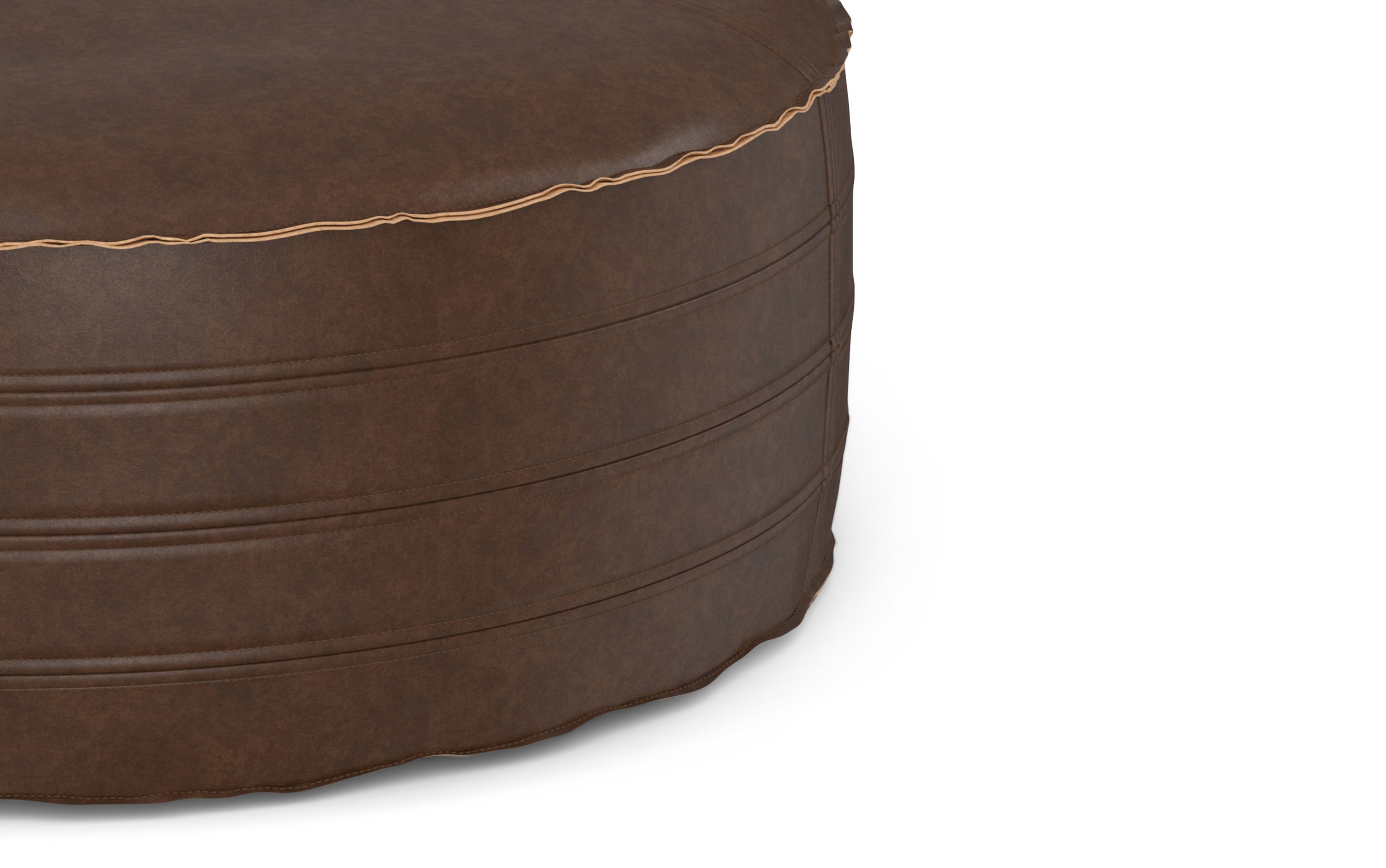 Brody 32 inch Round Coffee Table Pouf in Distressed Dark Brown