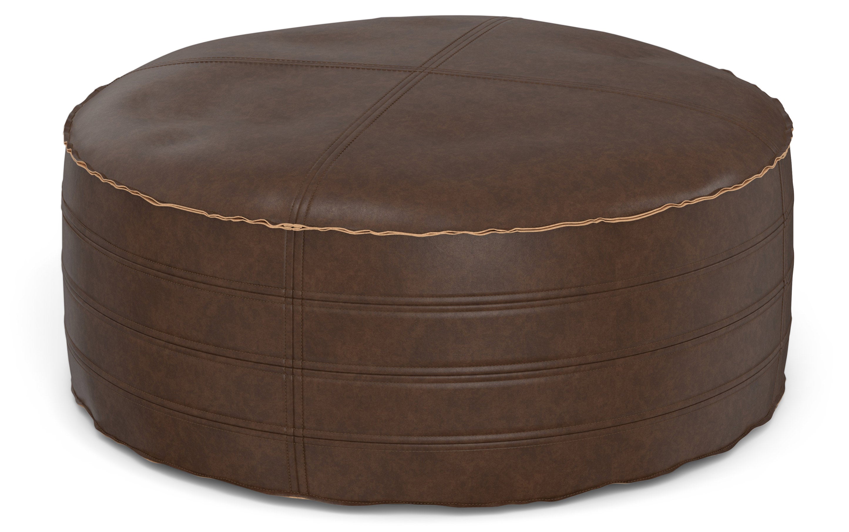 Brody 32 inch Round Coffee Table Pouf in Distressed Dark Brown