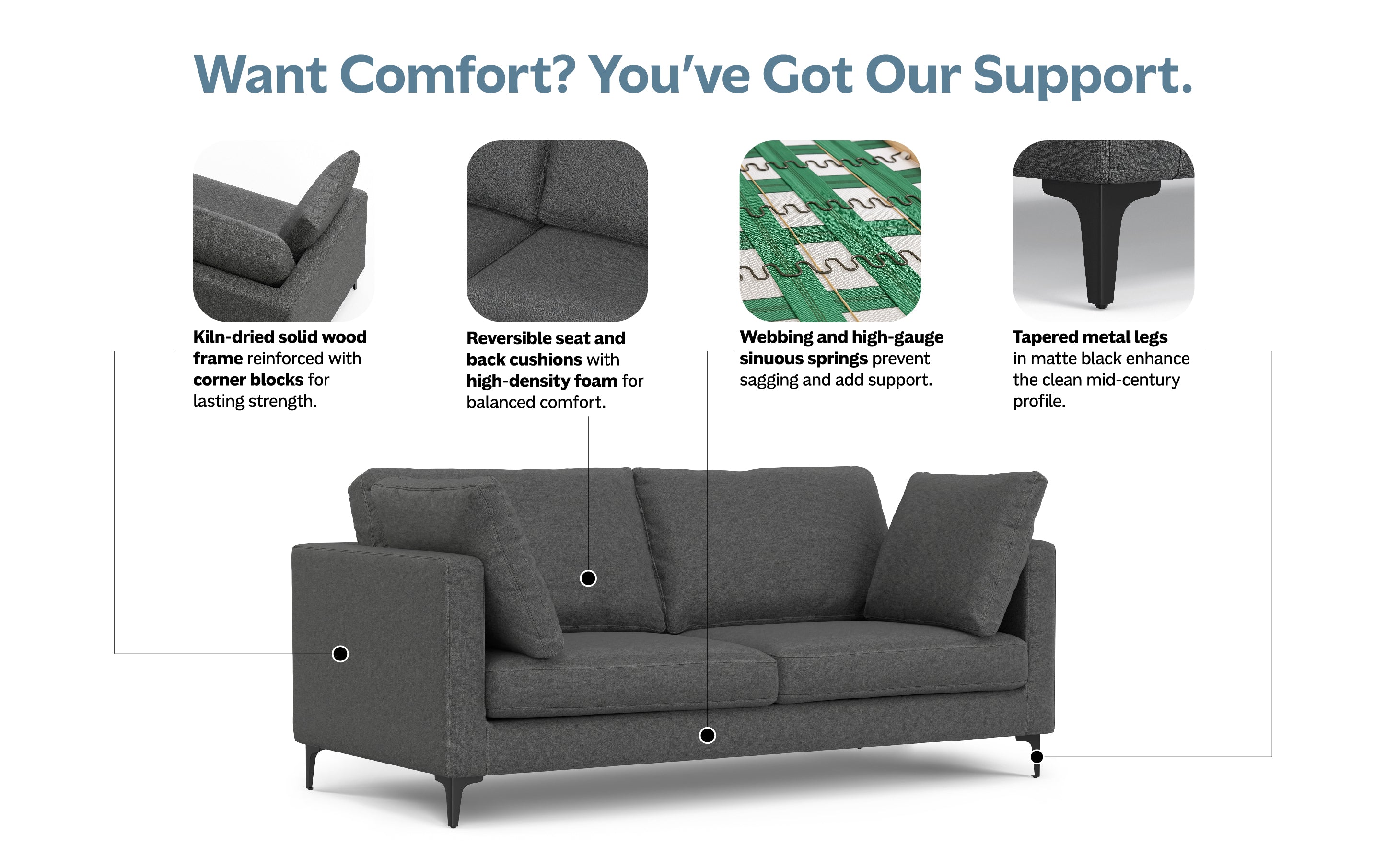 Ava 76 inch Mid Century Sofa in Performance Fabric