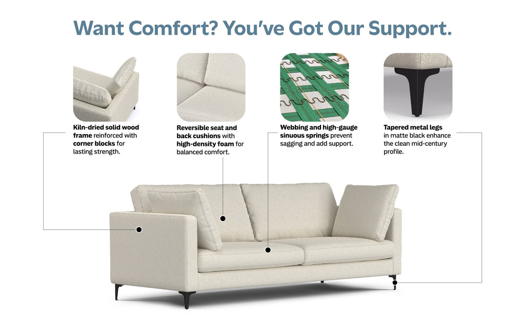 Ava 90 inch Mid Century Sofa