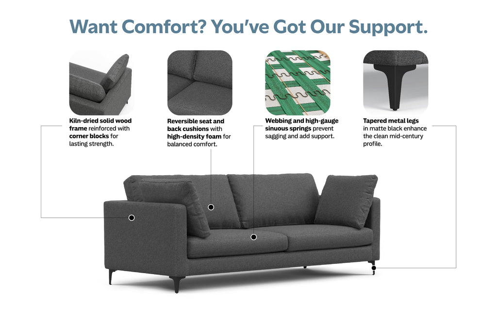 Ava 90 inch Mid Century Sofa