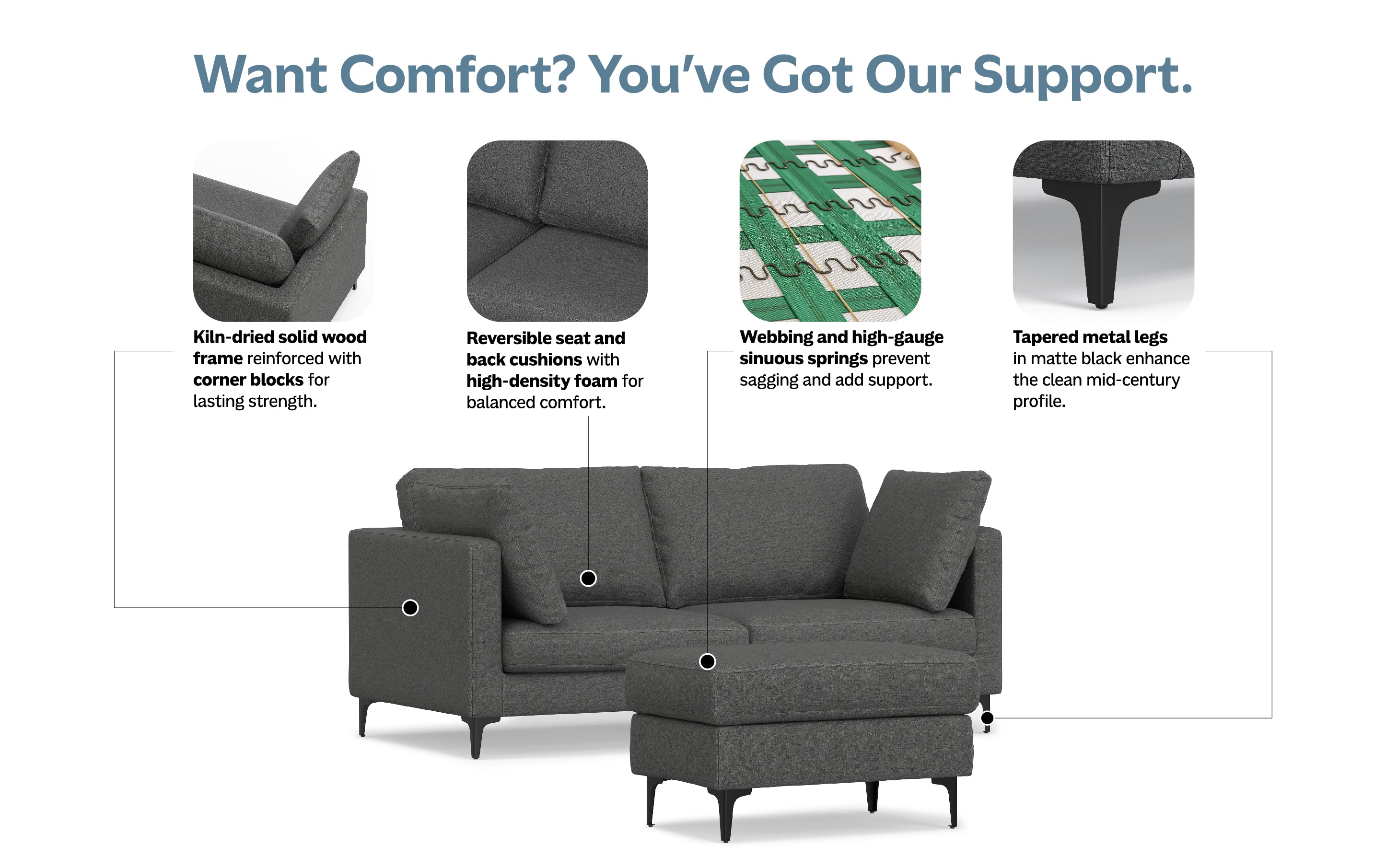 Ava 76 inch Mid Century Sofa with Ottoman Set