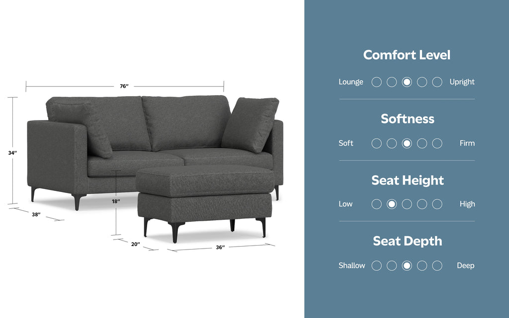 Ava 76 inch Mid Century Sofa with Ottoman Set