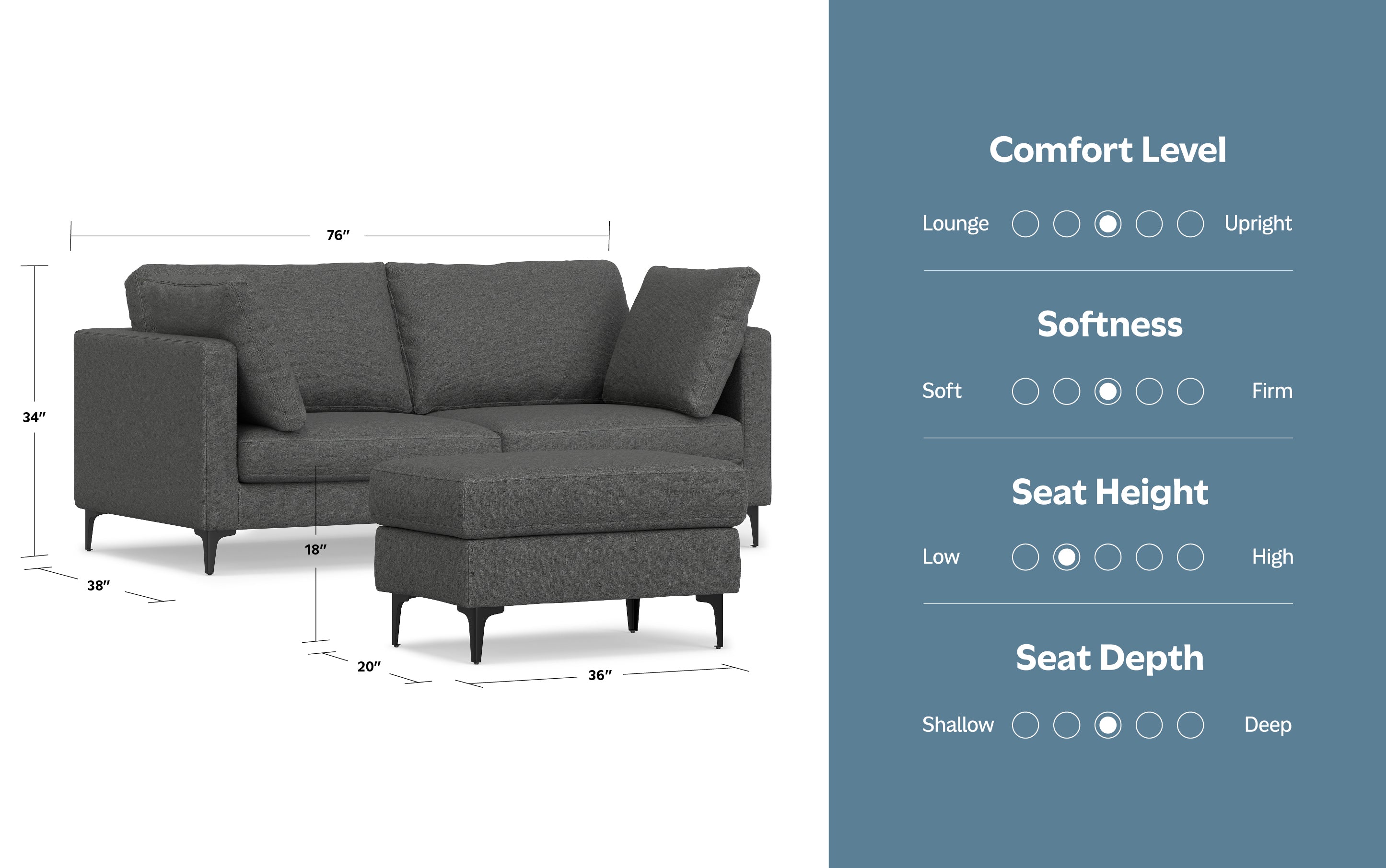 Ava 76 inch Mid Century Sofa with Ottoman Set