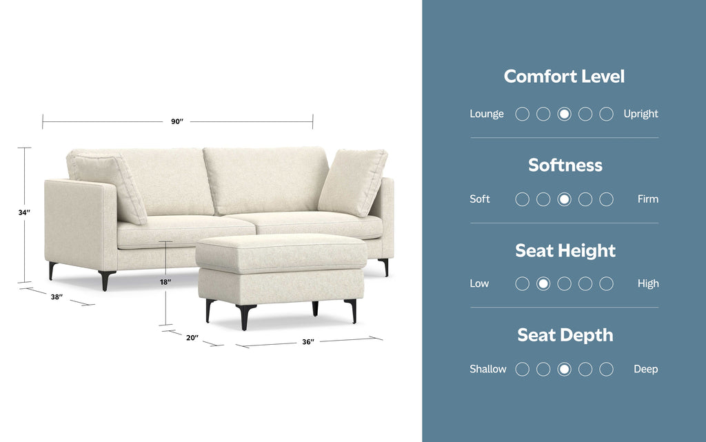 Ava 90 inch Mid Century Sofa with Ottoman Set